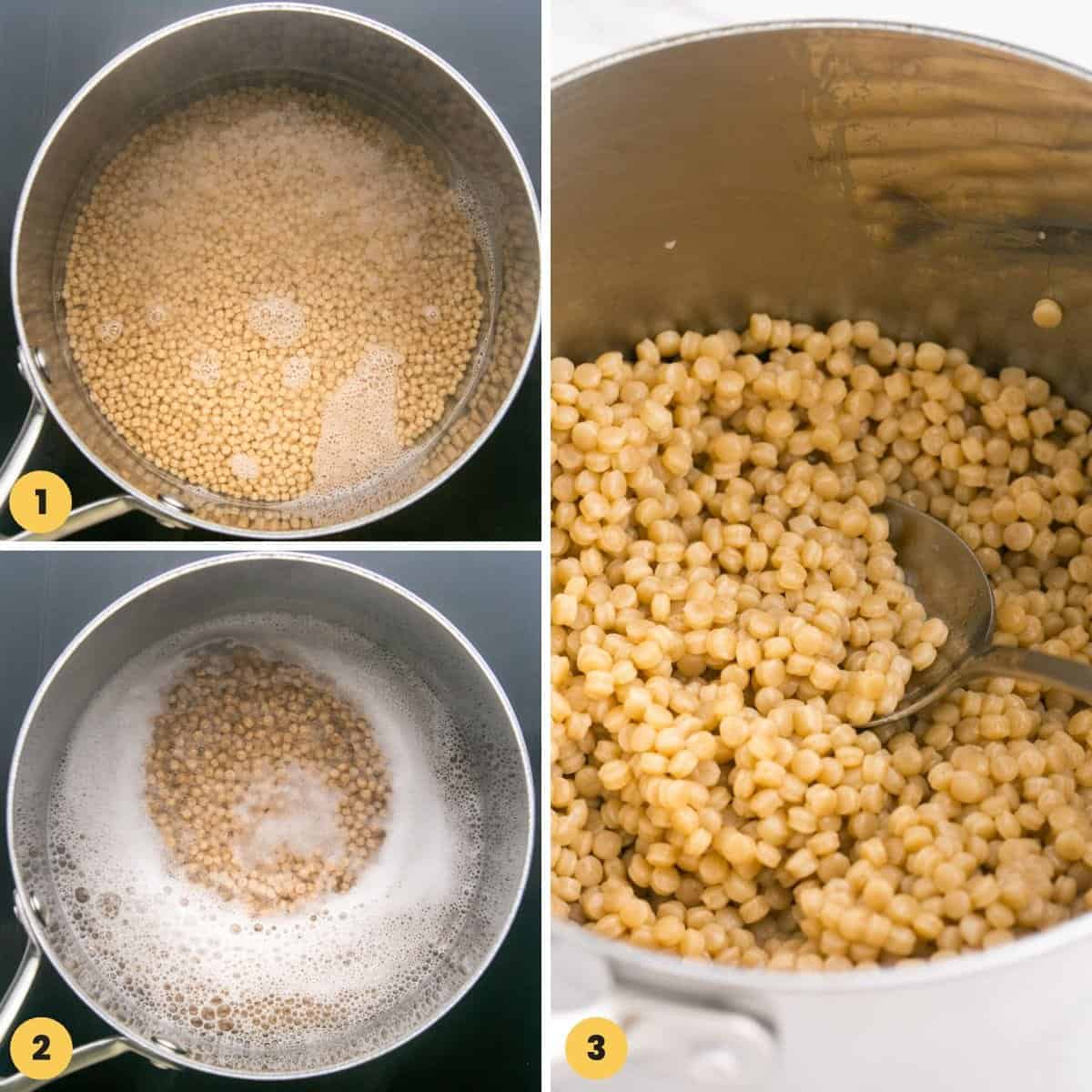 a collage of images showing how to cook couscous on the stove.