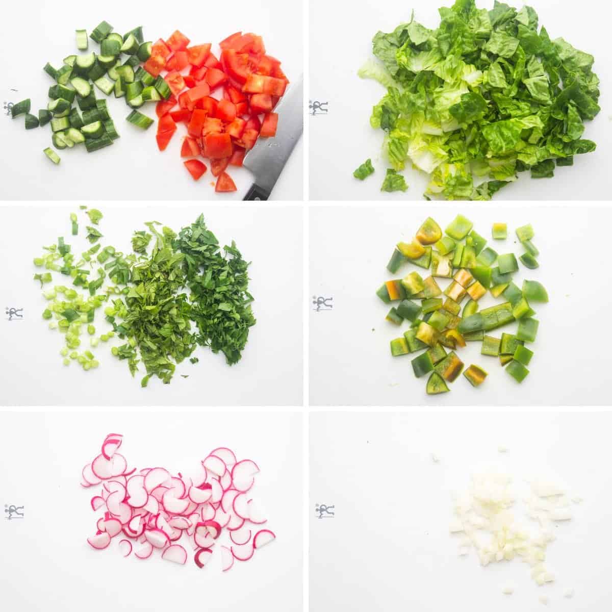 a collage of images showing how to cut vegetables for fattoush salad.