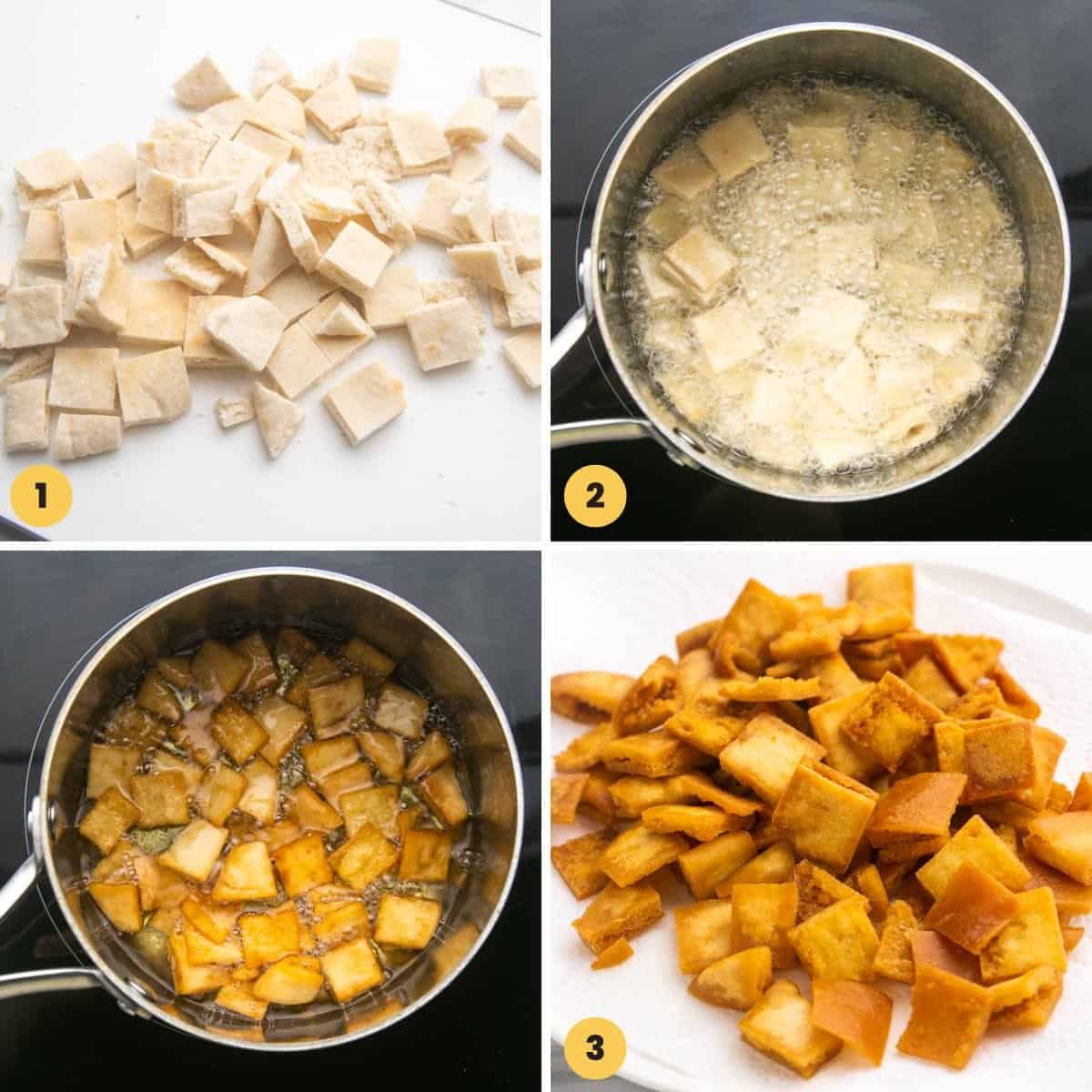 a collage of images showing how to fry pita squares to make croutons for fattoush.