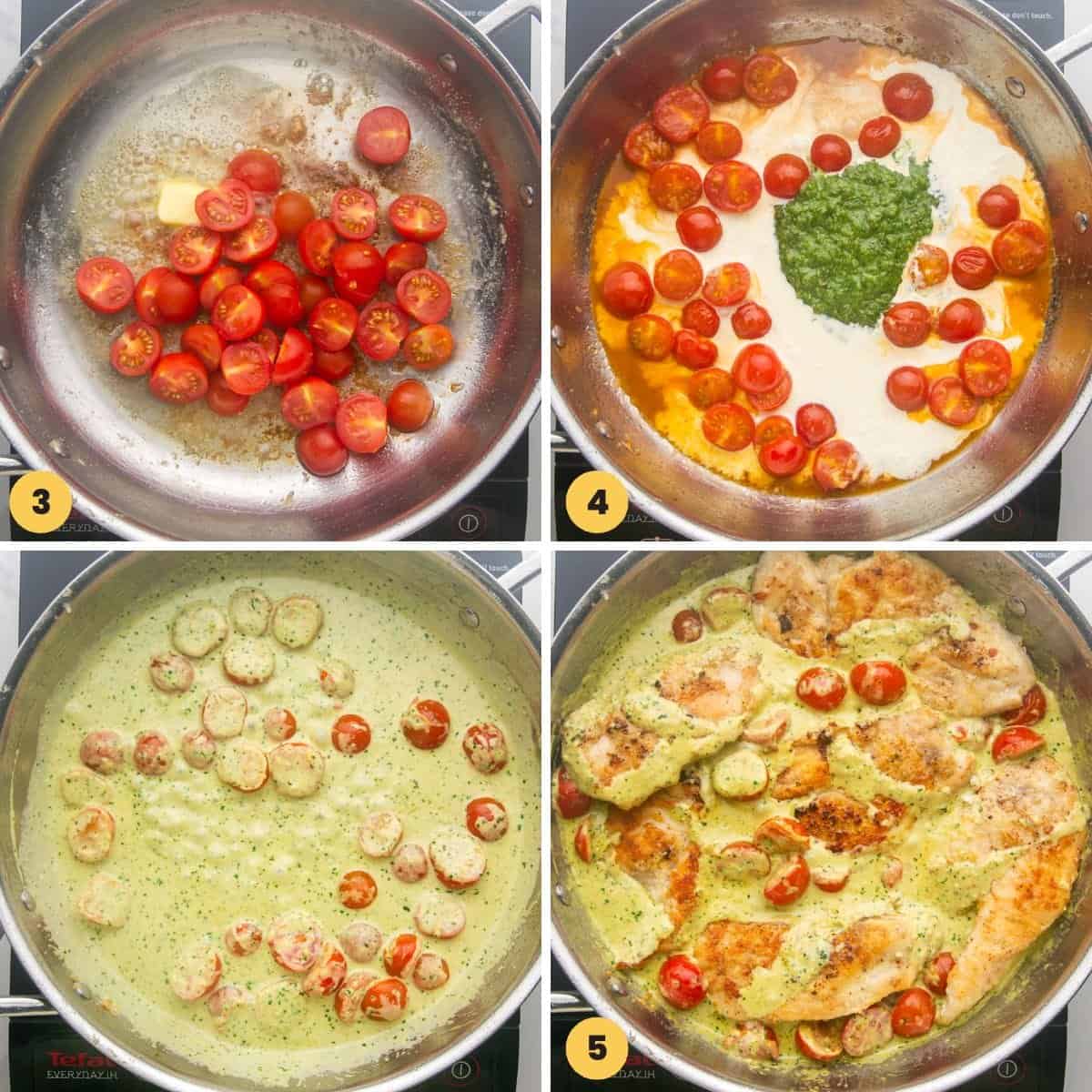 four images showing how to make a sauce with cherry tomatoes, pesto, and cream.
