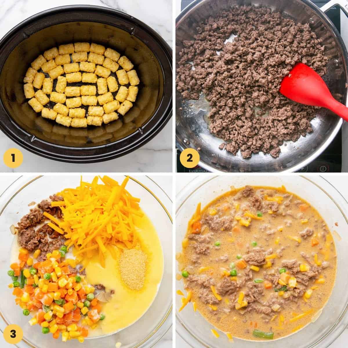 a collage of four images showing how to prepare the ingredients for tater tot casserole.