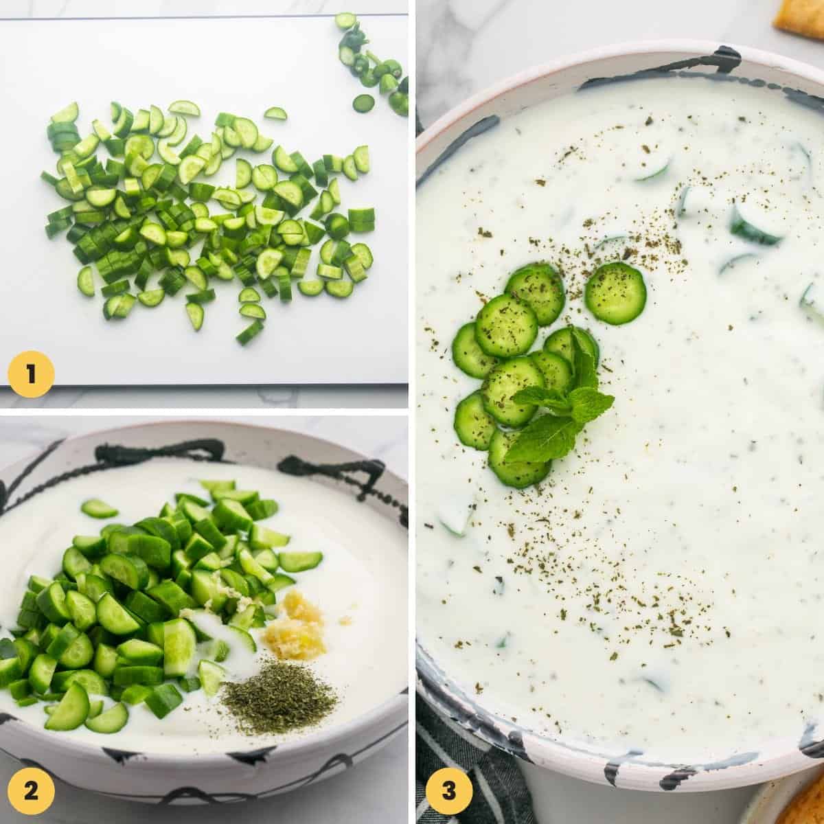 Collage of 3 images showing how to make cucumber yogurt sauce