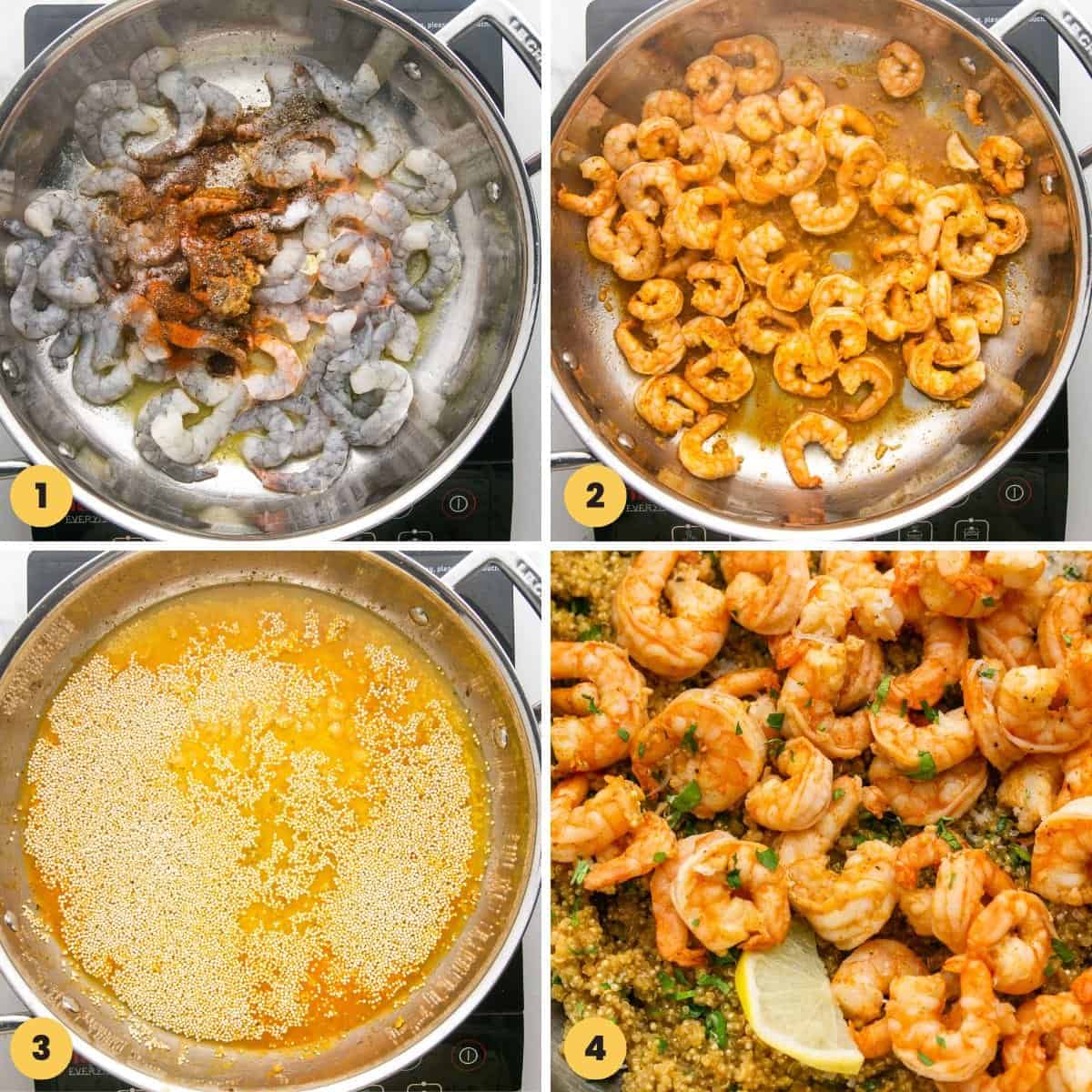 a collage of four images showing how to make garlic butter shrimp with quinoa