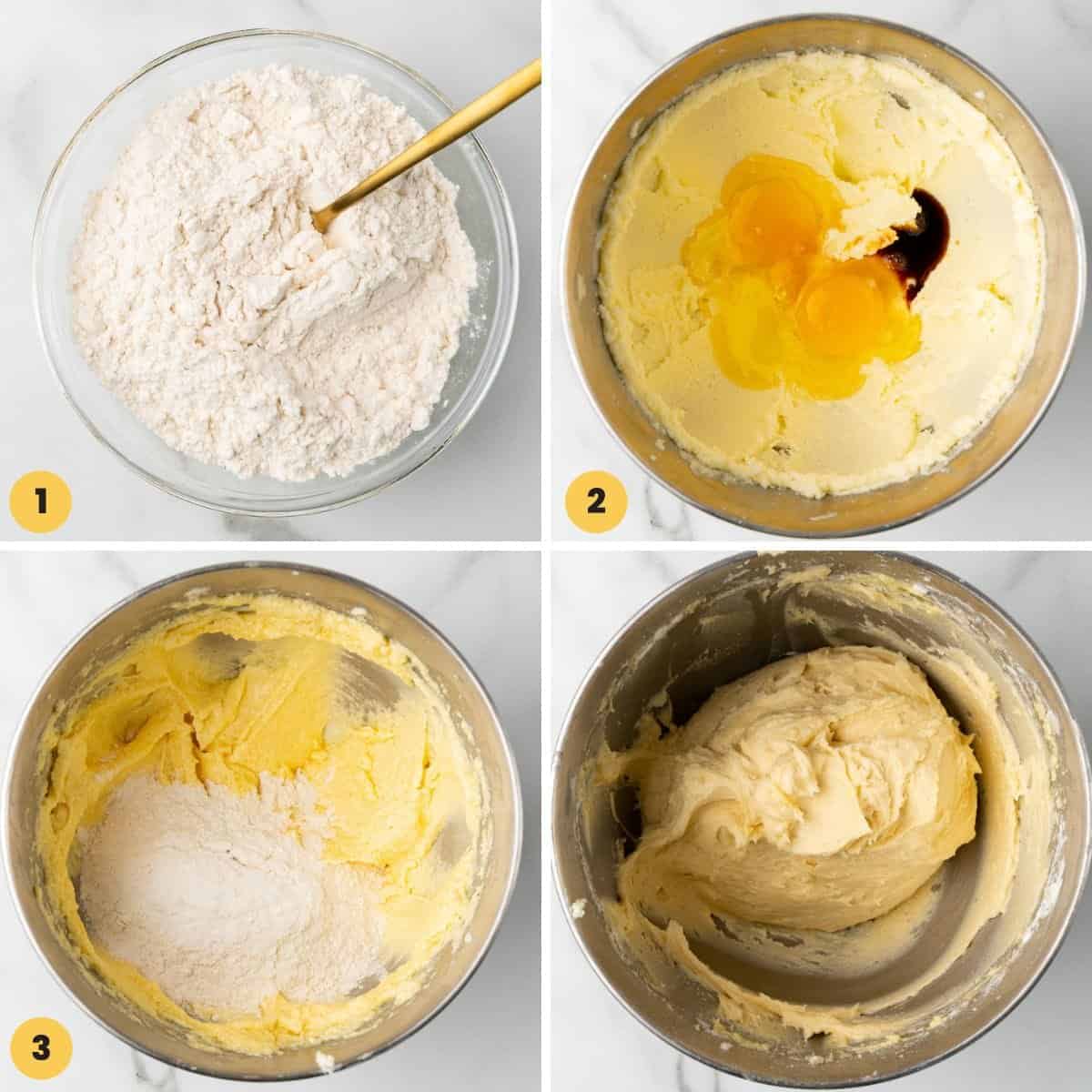 4 images showing how to make the dough for half moon cookies.