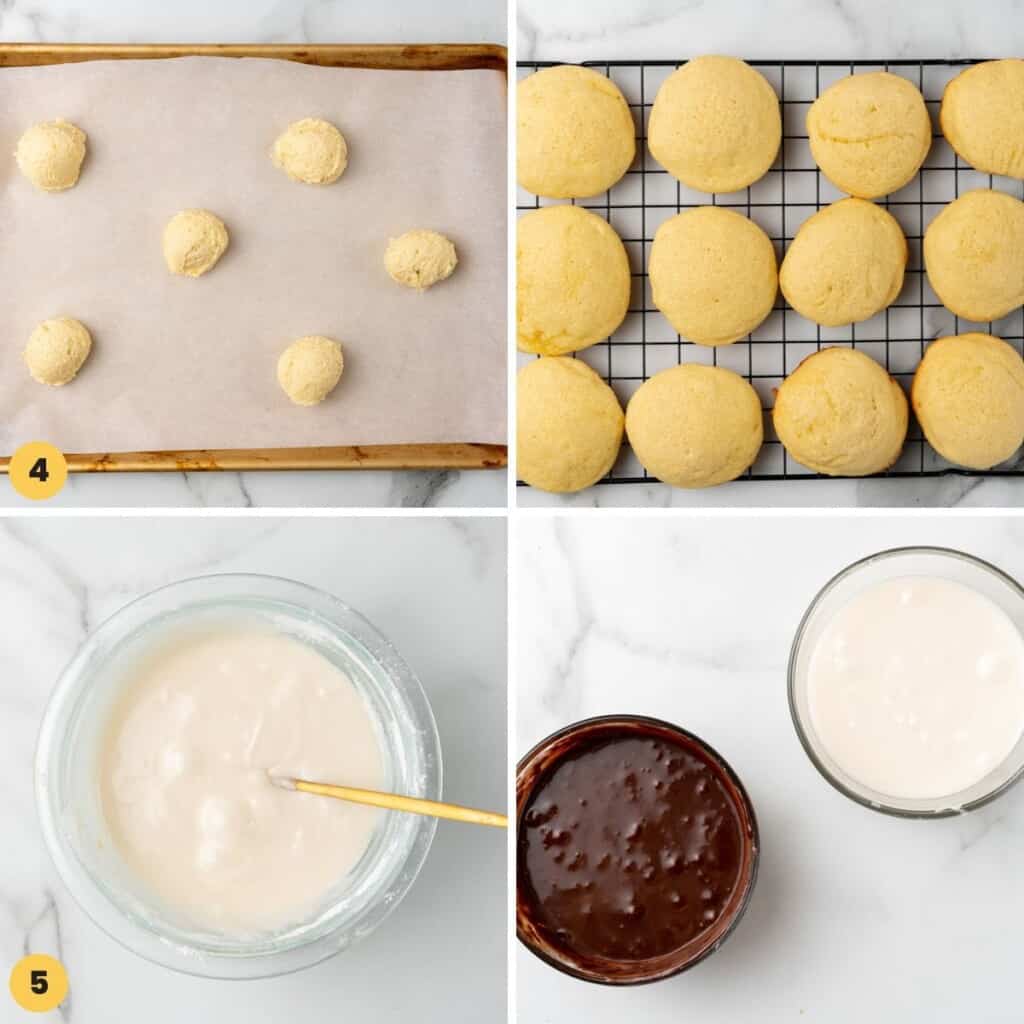 four images showing how to bake half moon cookies and make the icing.