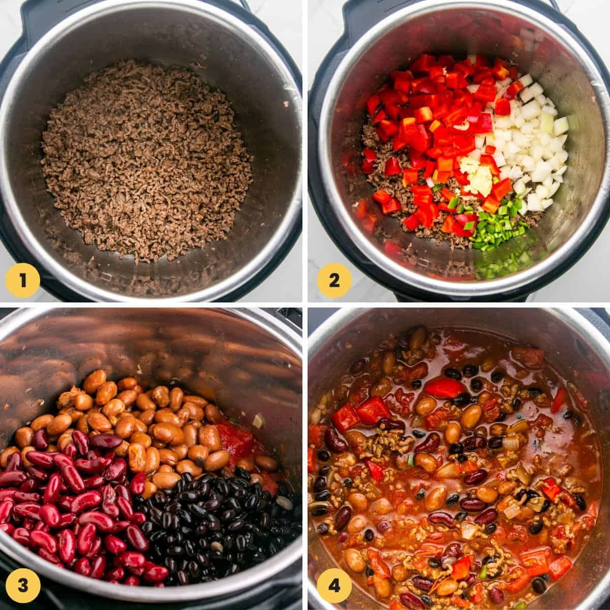 a collage of four images showing how to make chili in an instant pot.