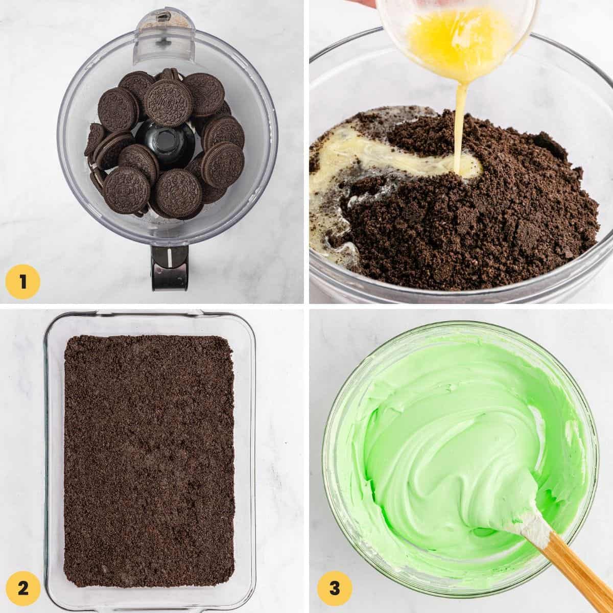 a collage of four numbered images showing how to make a chocolate lasagna with mint pudding and oreos.