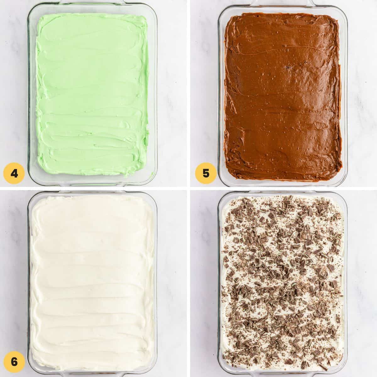 a collage of four images to show the order of the layers in minty chocolate lasagna