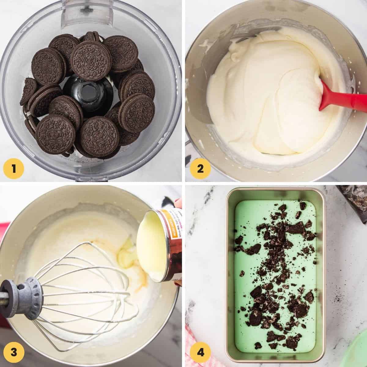 Collage of four images showing how to make mint oreo ice cream