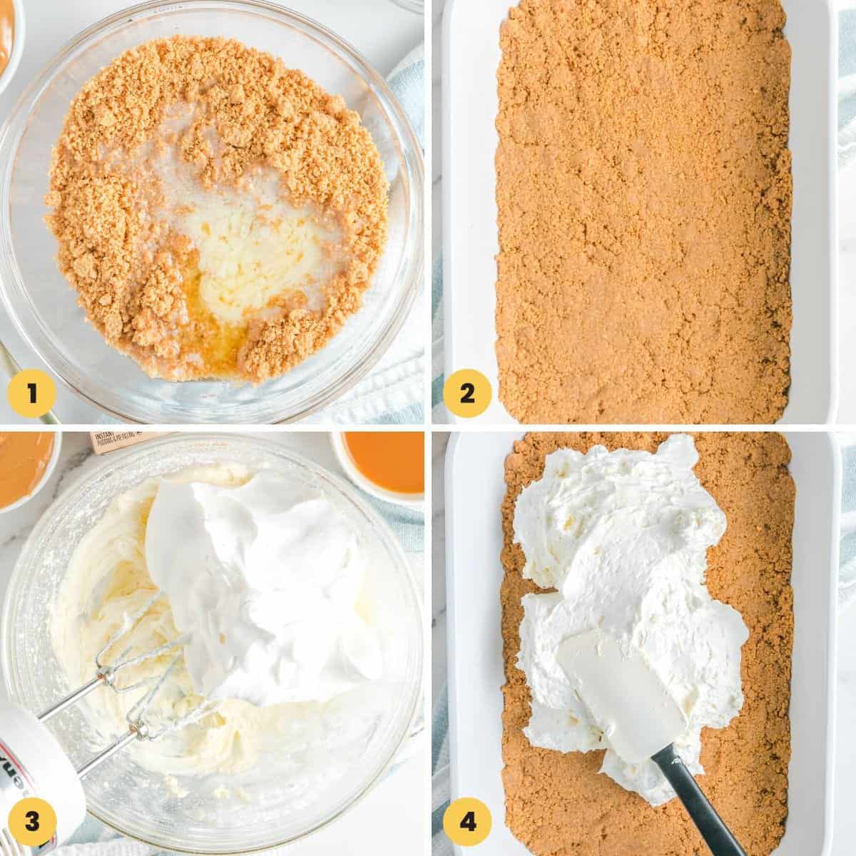 a collage of four images showing how to make a crust with peanut butter cookies for no bake lasagna