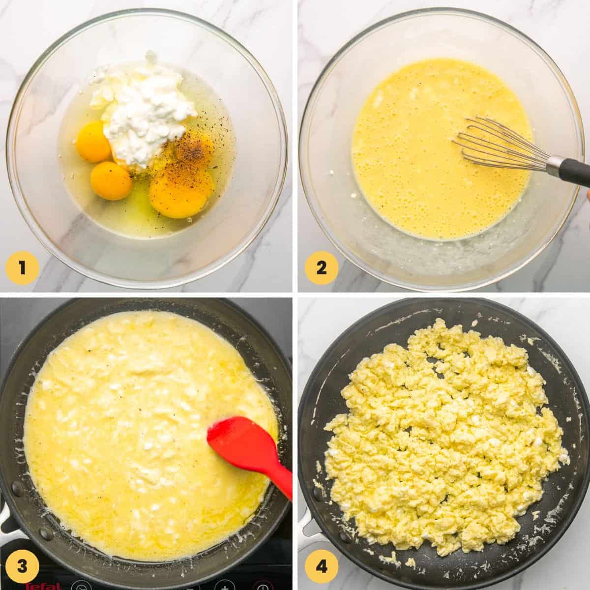 a collage of four numbered images showing how to make scrambled eggs with cottage cheese.