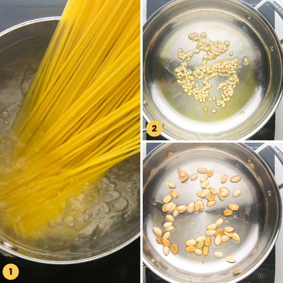a collage of 3 images showing how to boil spaghetti and saute garlic for yogurt pasta sauce.