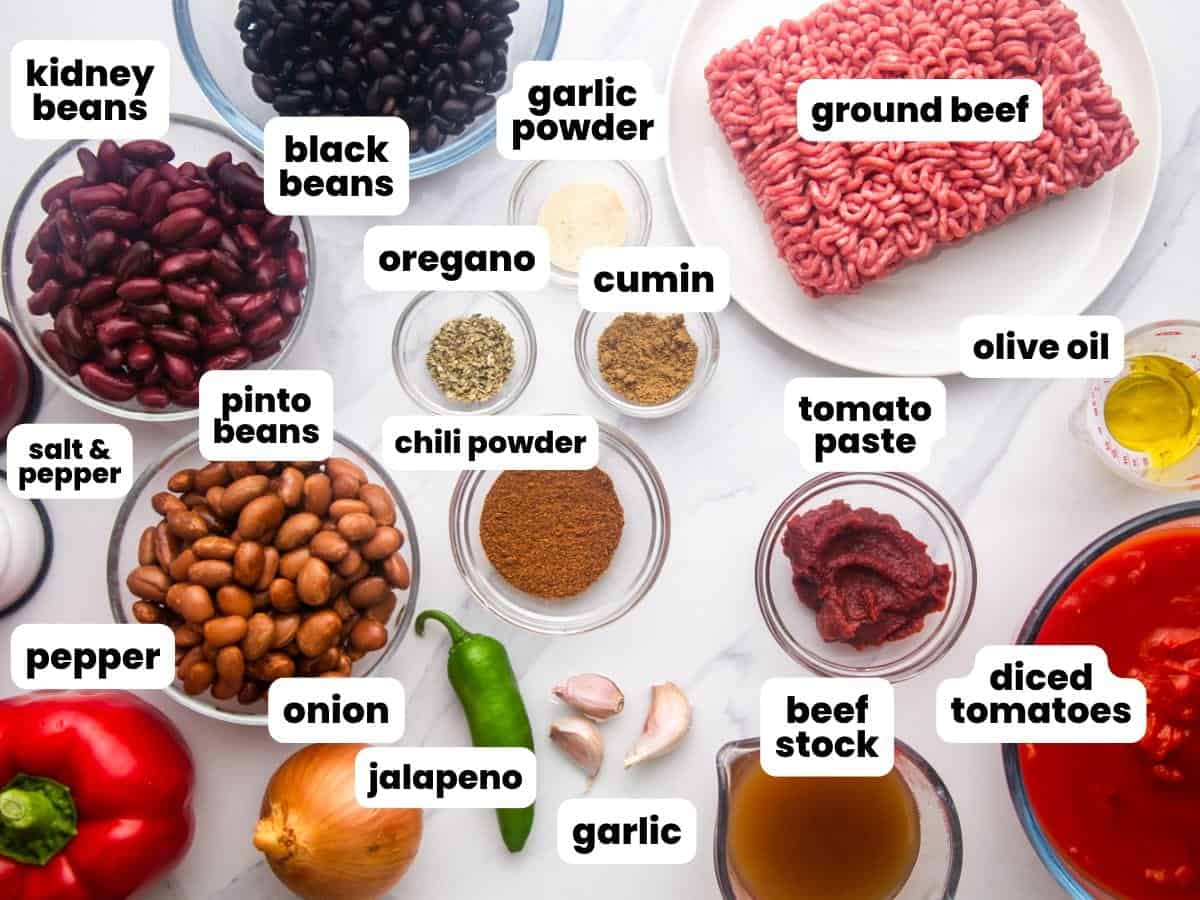 Ingredients for instant pot chili, measured and arranged on a counter.