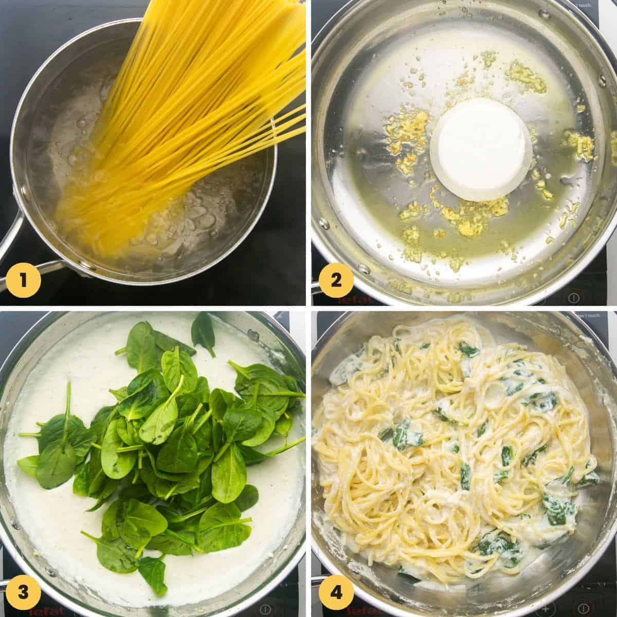 a collage of 4 images showing how to make lemon ricotta pasta with spaghetti and spinach.