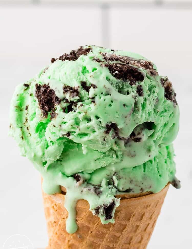 Close up shot of a cone with mint oreo ice cream