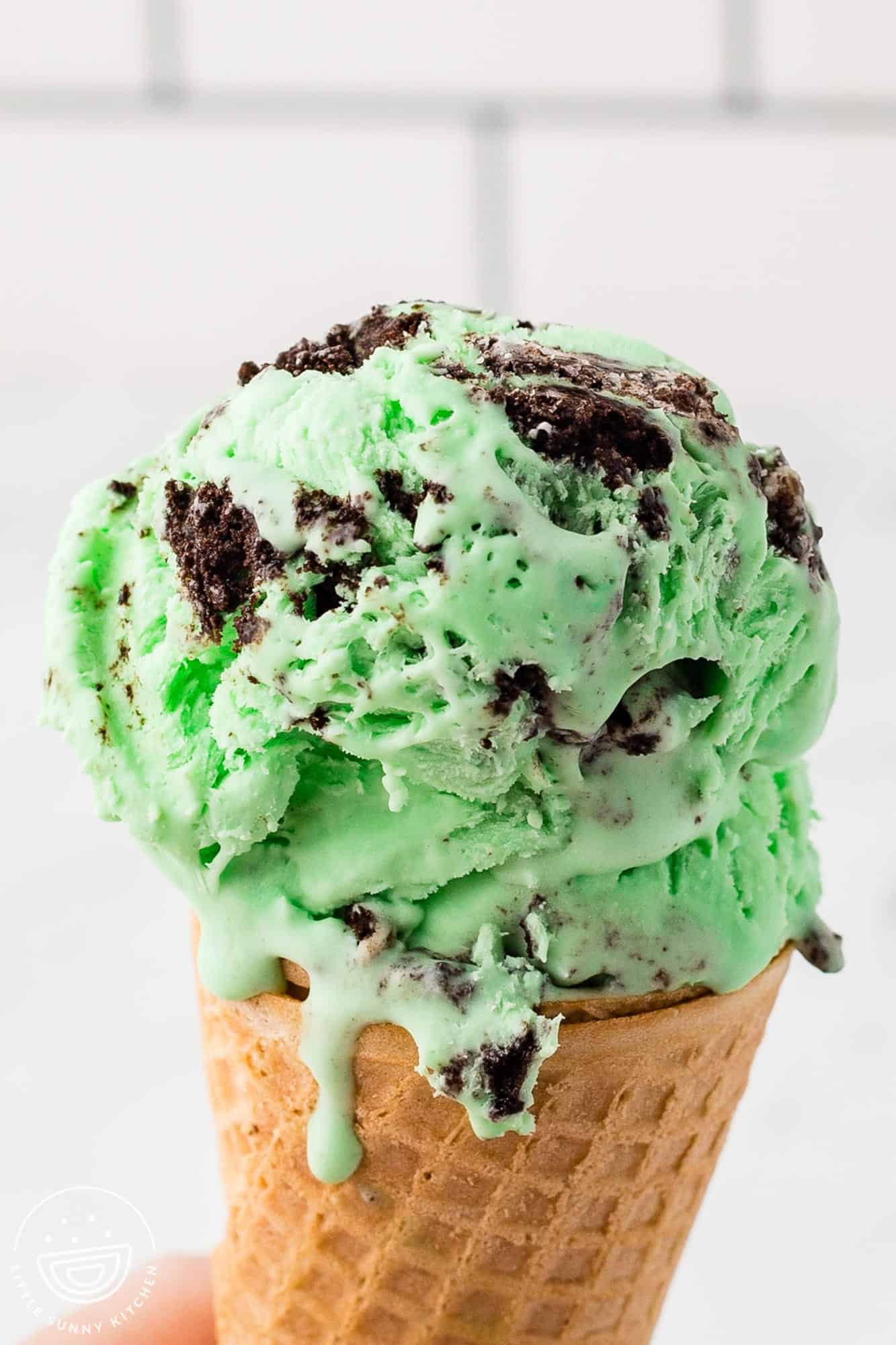 Close up shot of a cone with mint oreo ice cream