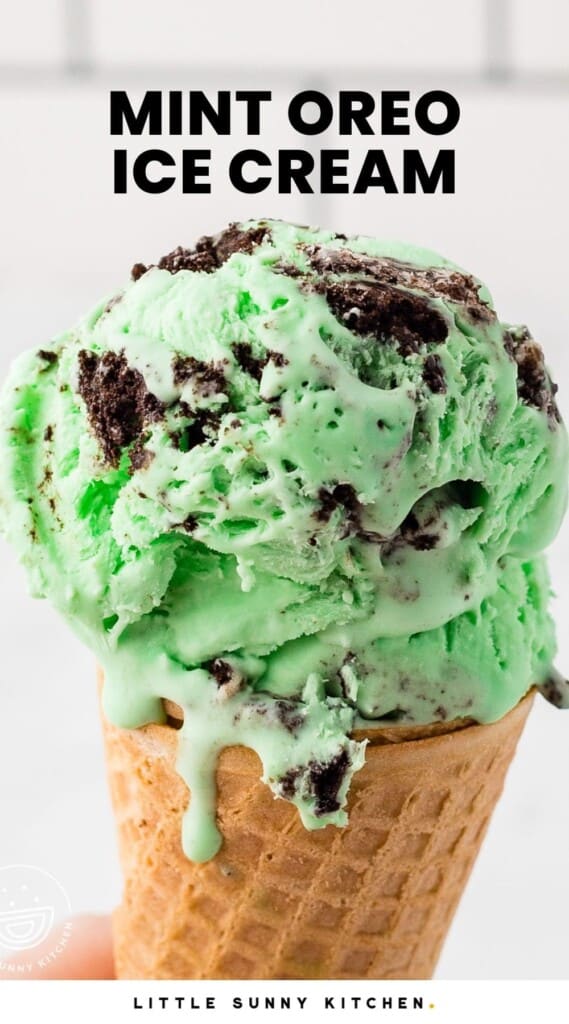Close up shot of a cone with mint oreo ice cream. And overlay text that says "mint oreo ice cream"