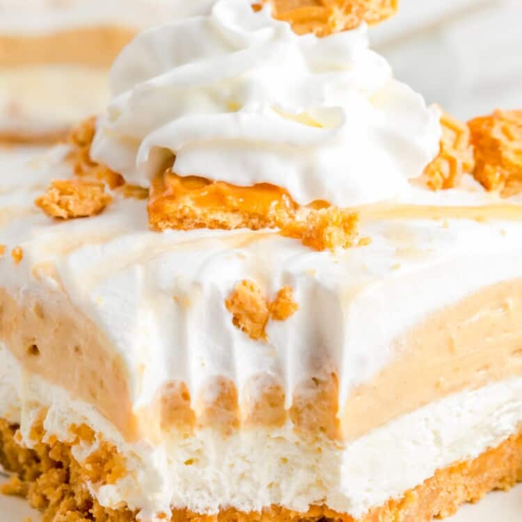 layered peanut butter lasagna dessert with a bite taken out, topped with whipped cream and peanut butter cookies.