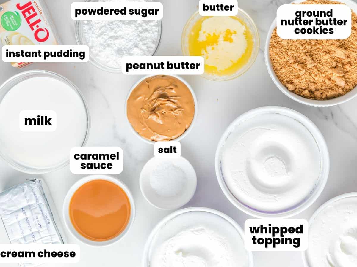 The ingredients needed to make no bake peanut butter lasagna, all in separate bowls and lapeled with black and white text boxes.