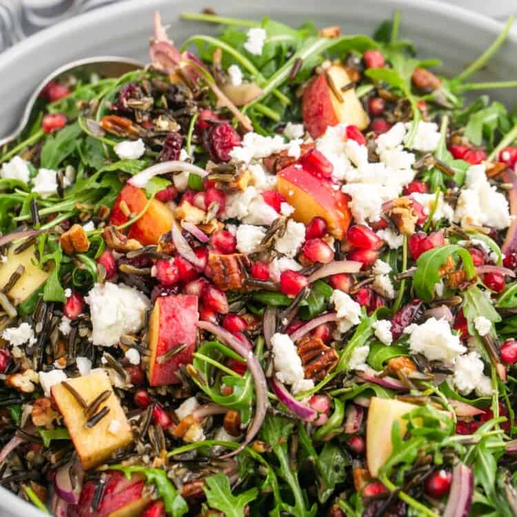 a large bowl of salad with wild rice, fruit, feta, and dressing.