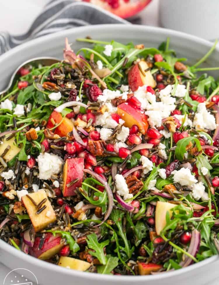 a large bowl of salad with wild rice, fruit, feta, and dressing.