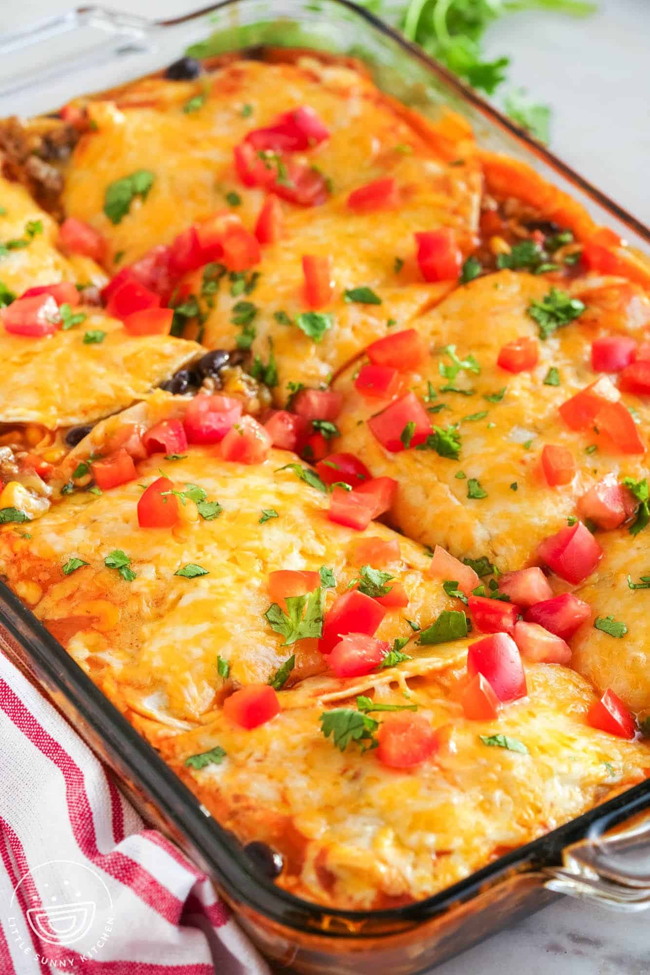 Cheesy enchilada casserole in a pan, cut int squares, garnished with diced tomatoes and cilantro. 