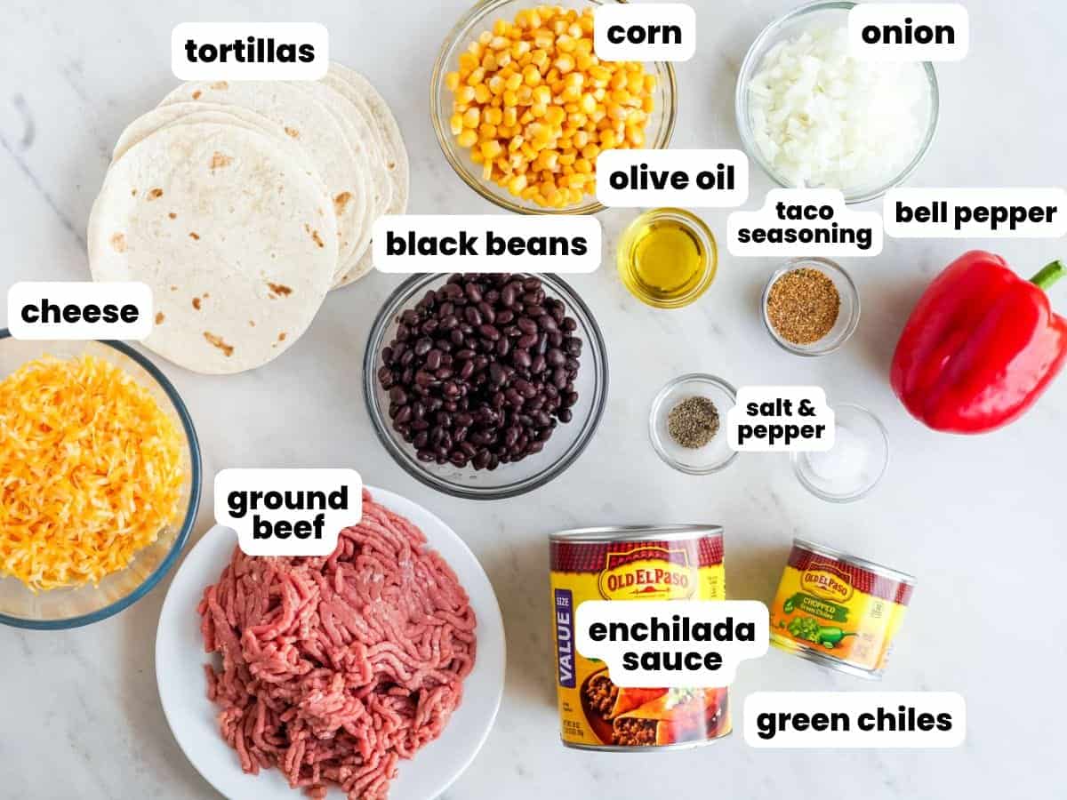the ingredients for beef enchilada casserole, including ground meat, flour tortillas, beans, corn, and enchilada sauce.