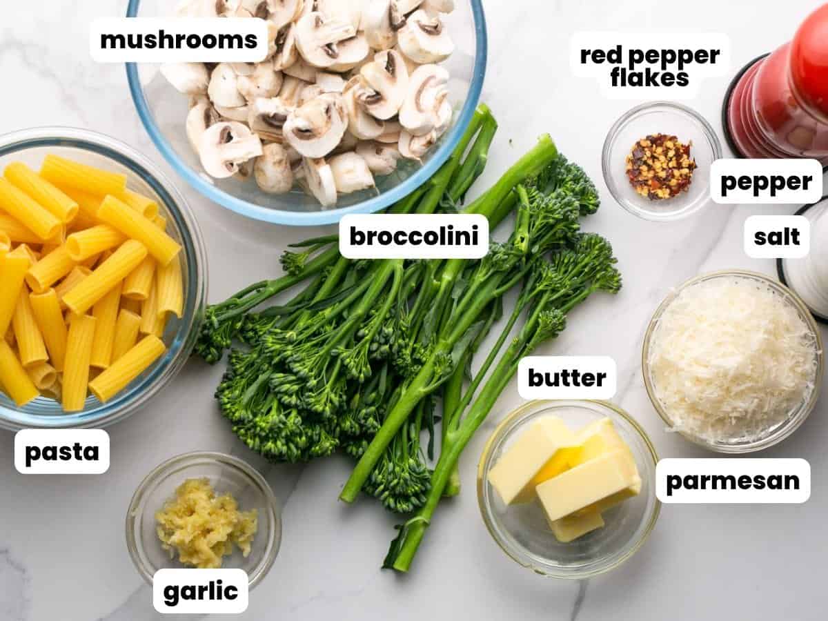 A bunch of broccolini along with the other ingredients needed to make easy broccolini pasta.