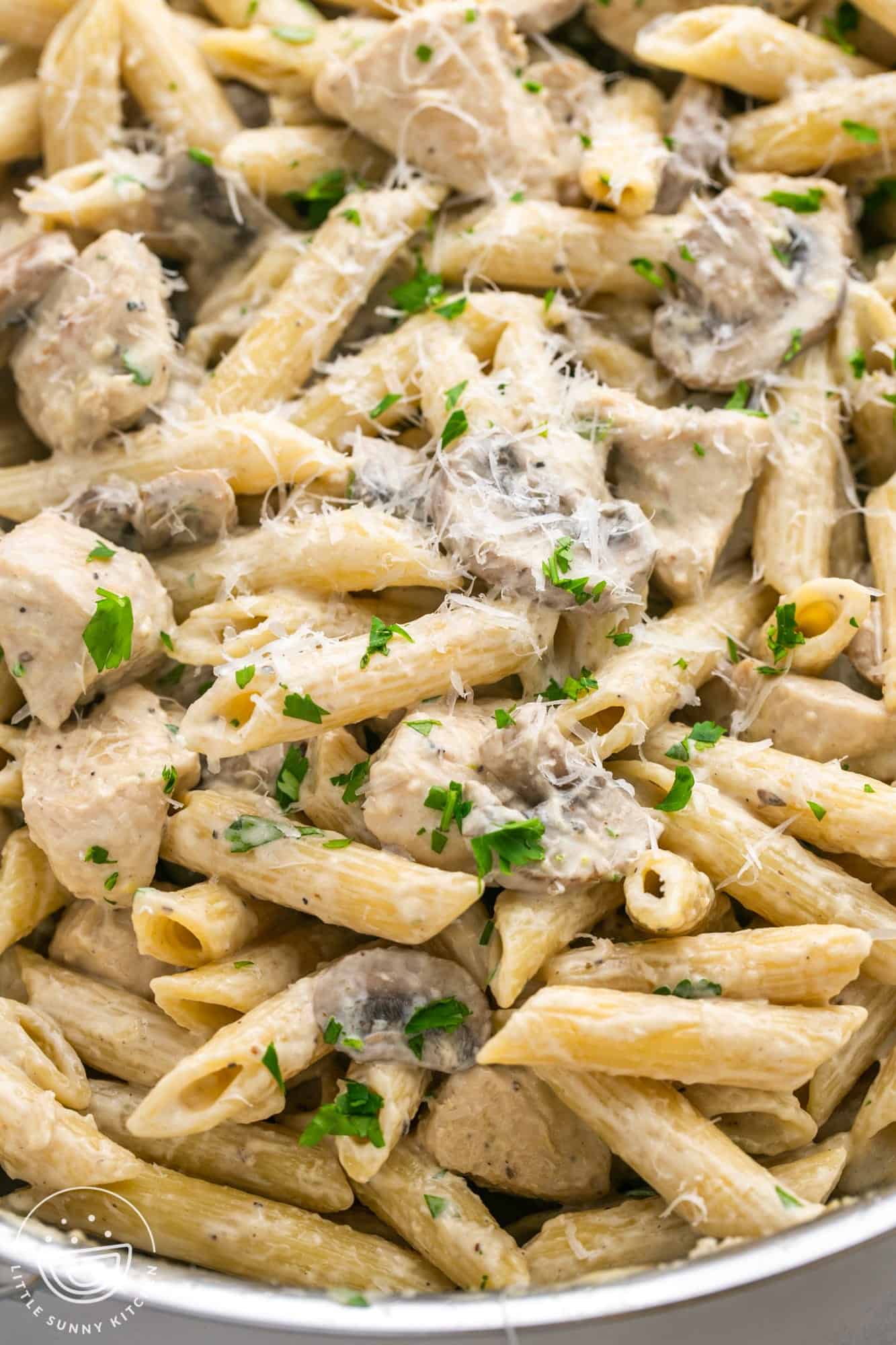 creamy chicken and mushroom pasta in a skillet, topped with parmesan cheese and chopped parsley.