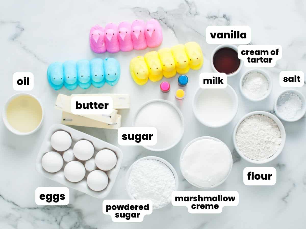 The ingredients needed to make a cake roll for easter with peeps.