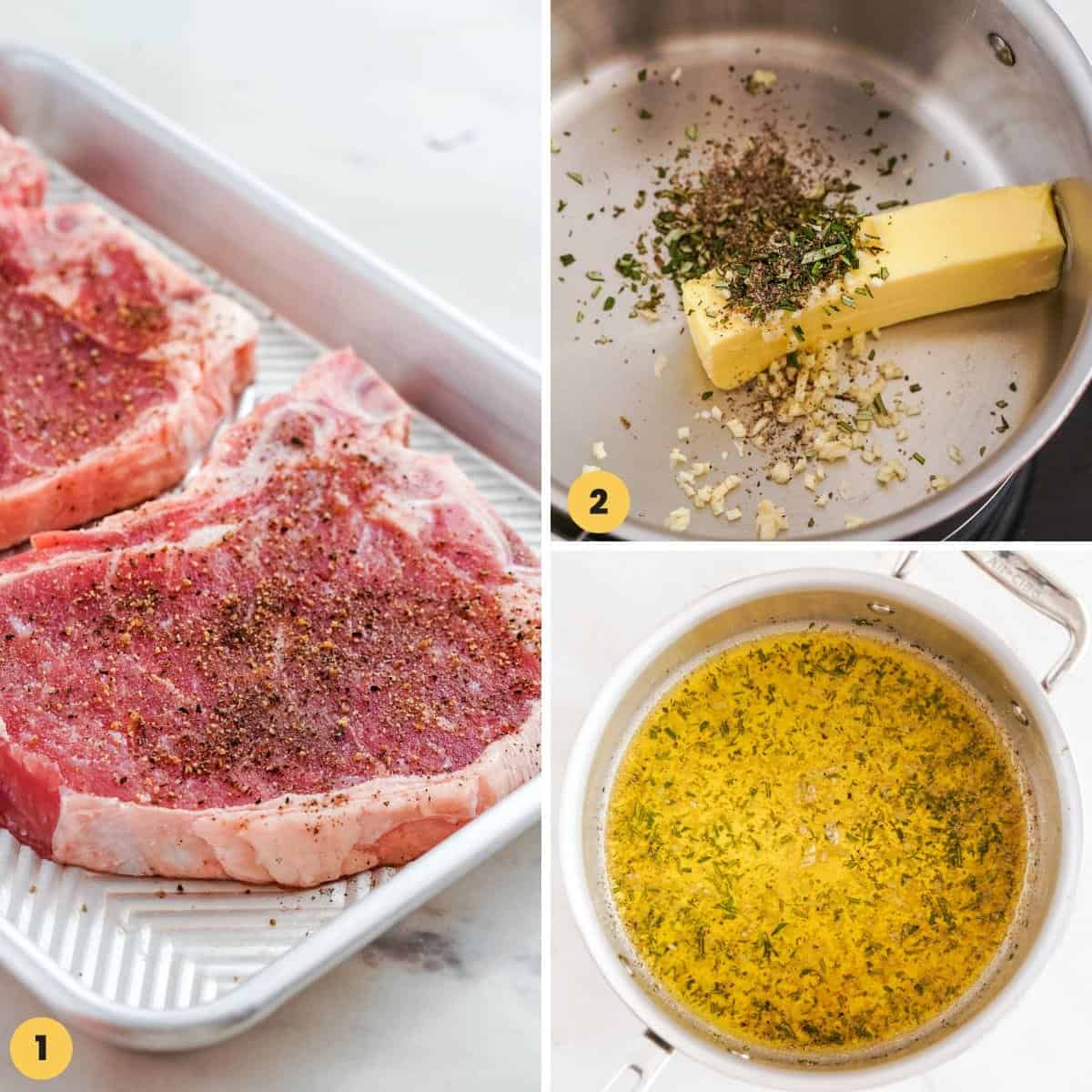 A collage of three images showing how to prep t bone steaks for grilling and how to make a garlic herb butter sauce for the steak.
