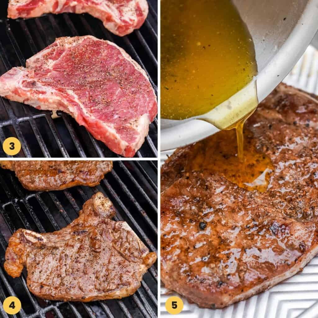 A collage of three images showing how to grill t bone steaks and how to season them with melted butter sauce.