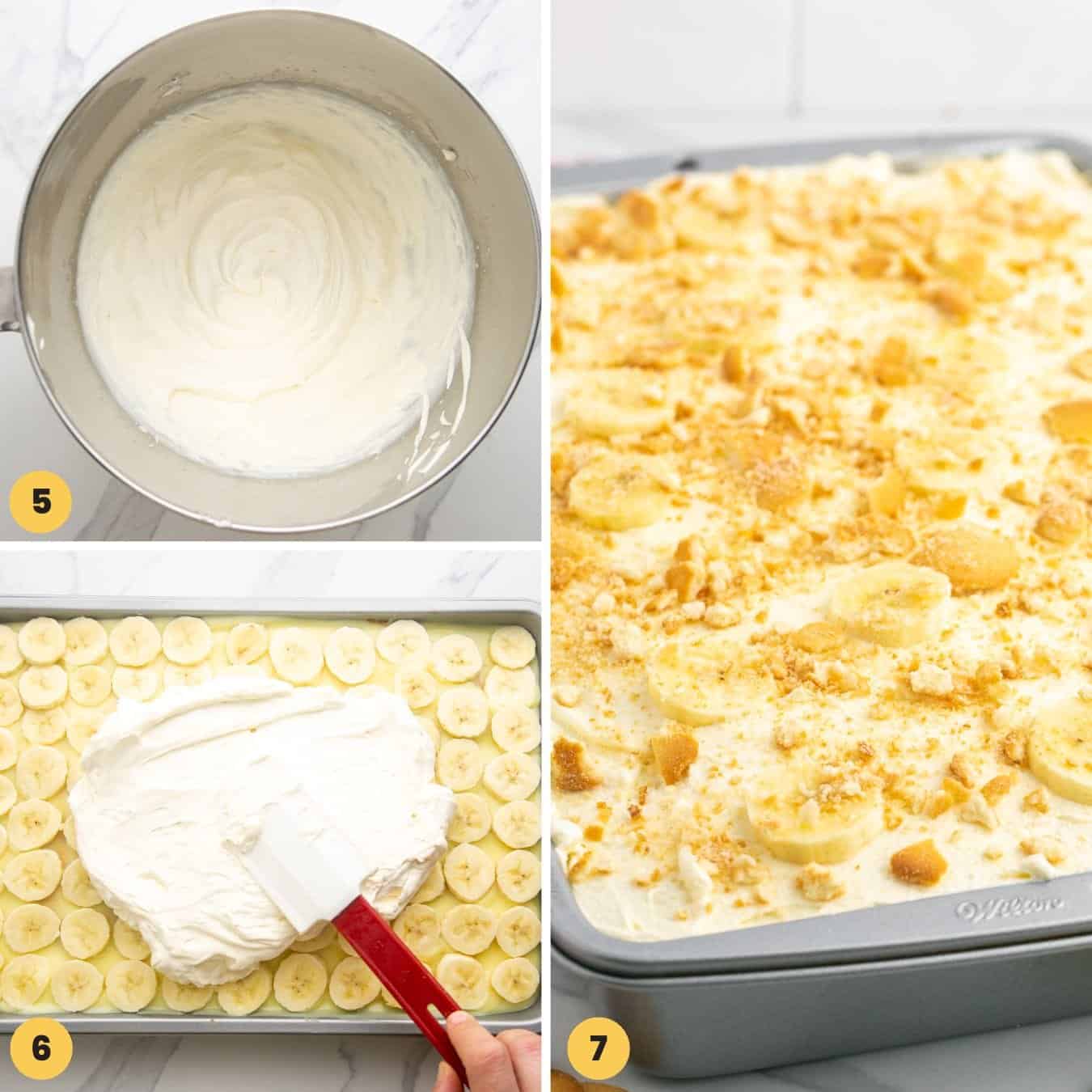 A collage of three images showing how to add whipped topping and garnishes to banana pudding poke cake.