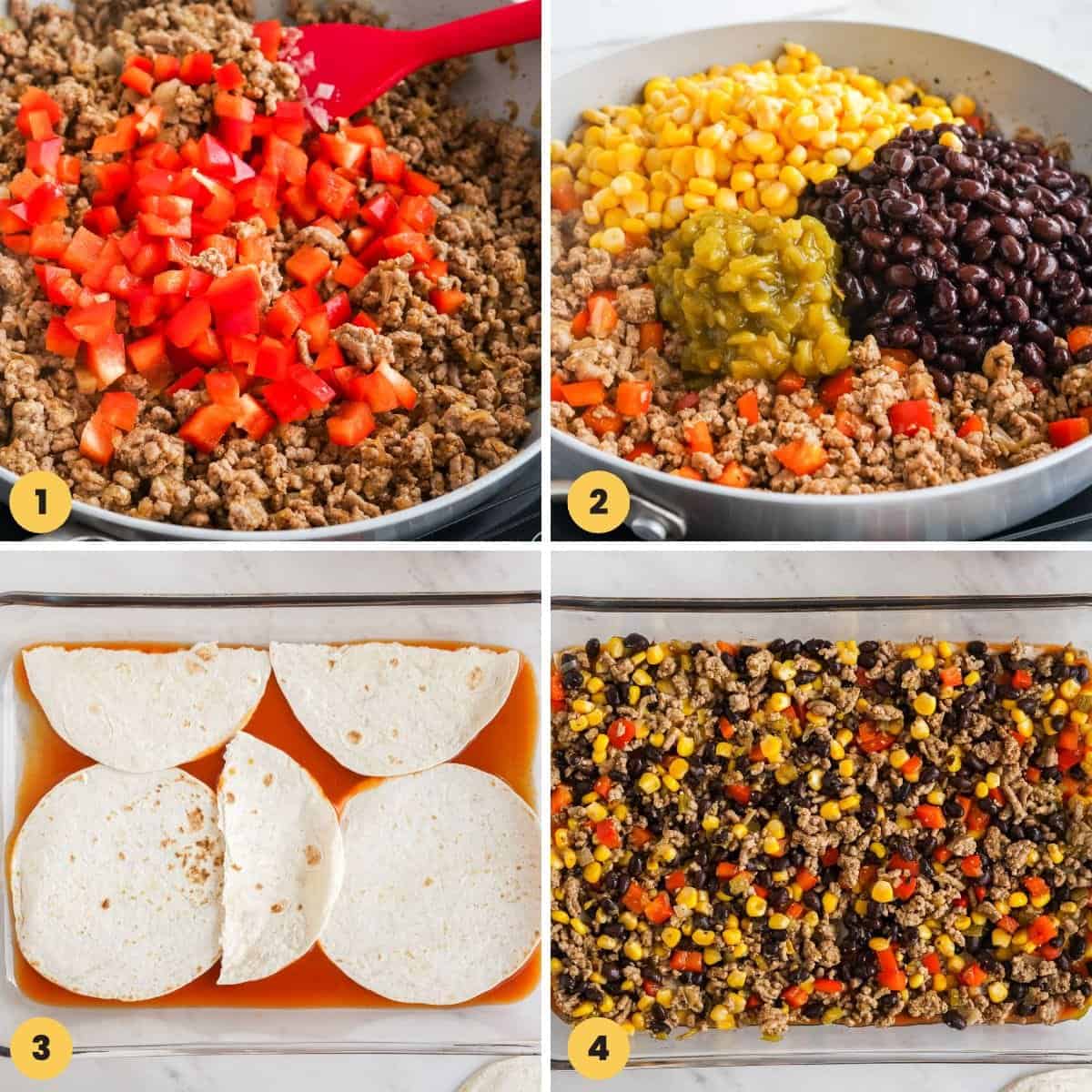 four images showing the steps for making and layering beef enchilada casserole.
