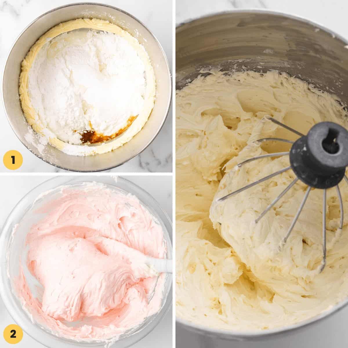 A collage of images showing how to make cupcake frosting in a stand mixer that is light and fluffy.