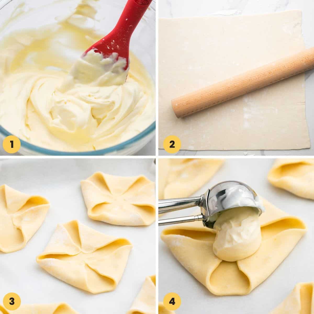 a collage of images showing how to make cream cheese filling for danish and how to roll and form the puff pastry dough before baking.