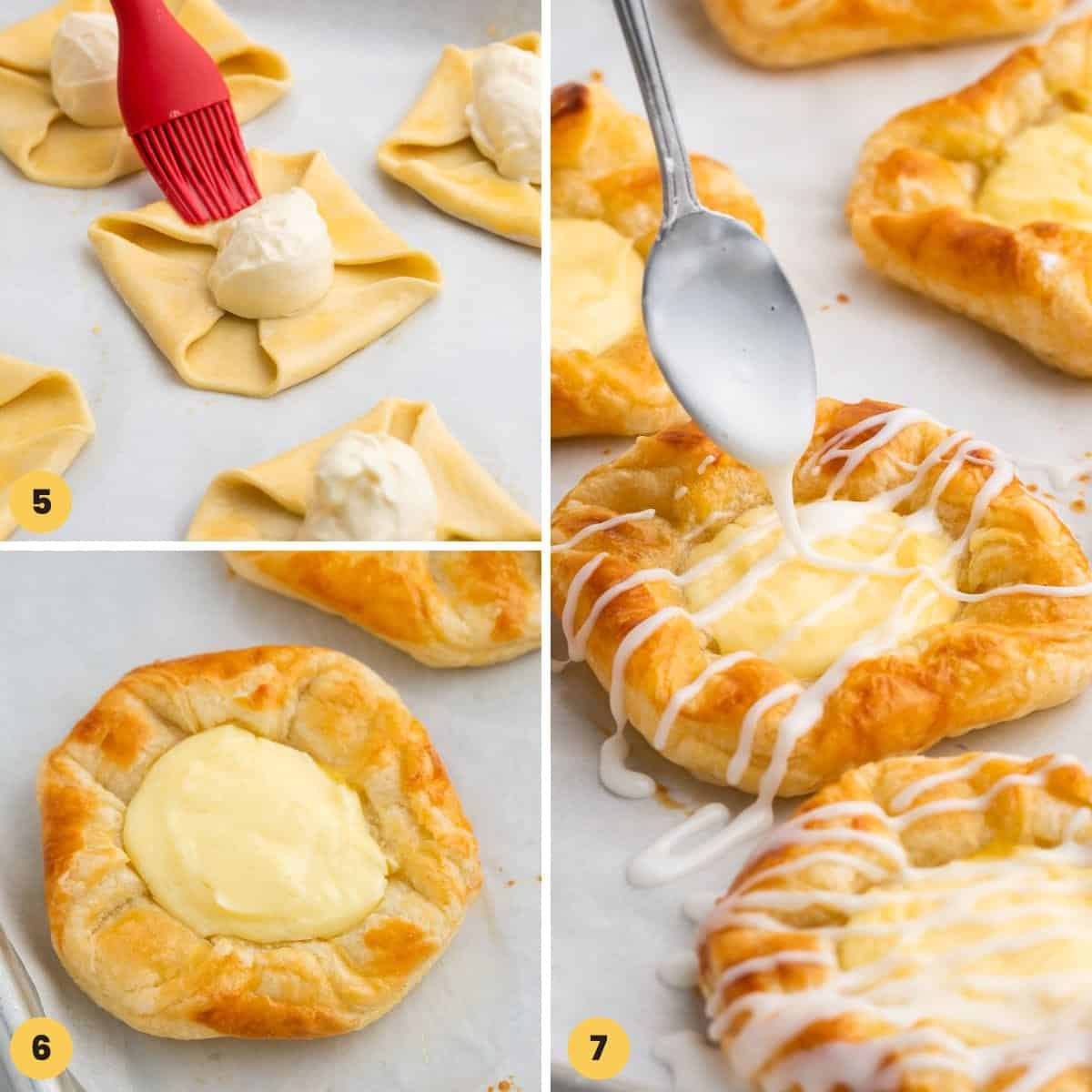 A collage of three images showing how to form, bake, and decorate cheese danish.