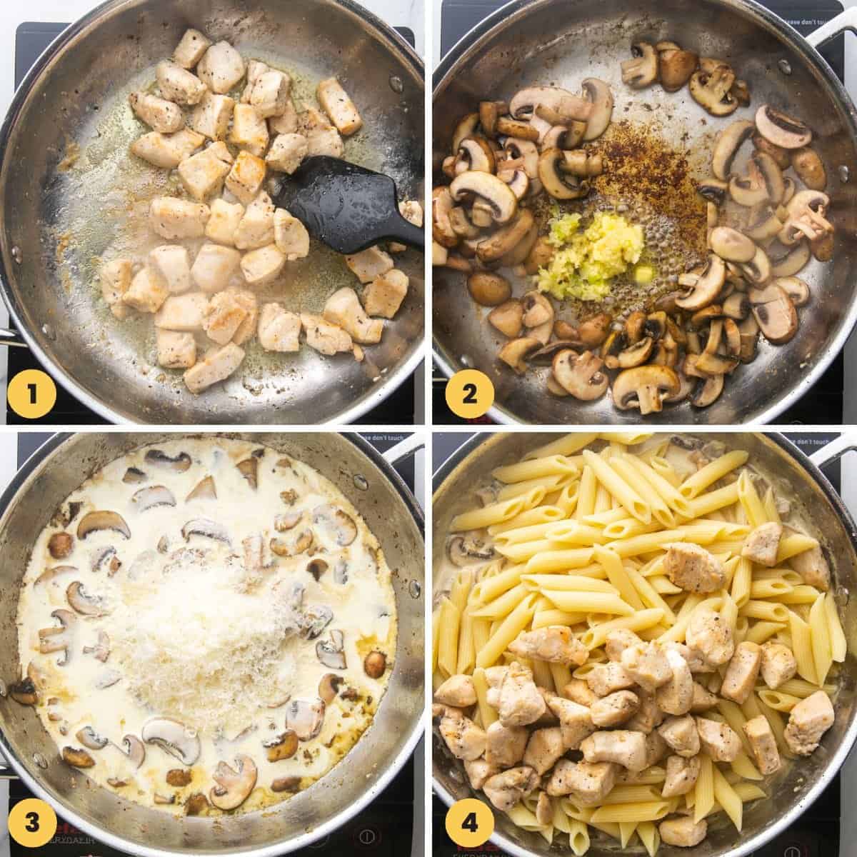 a collage of four numbered images showing how to make creamy past with chicken and mushrooms.