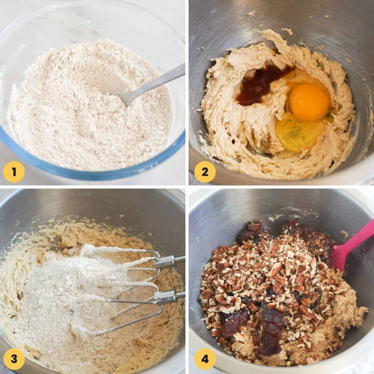 a collage of 4 images showing how to make the dough for easy date cookies.