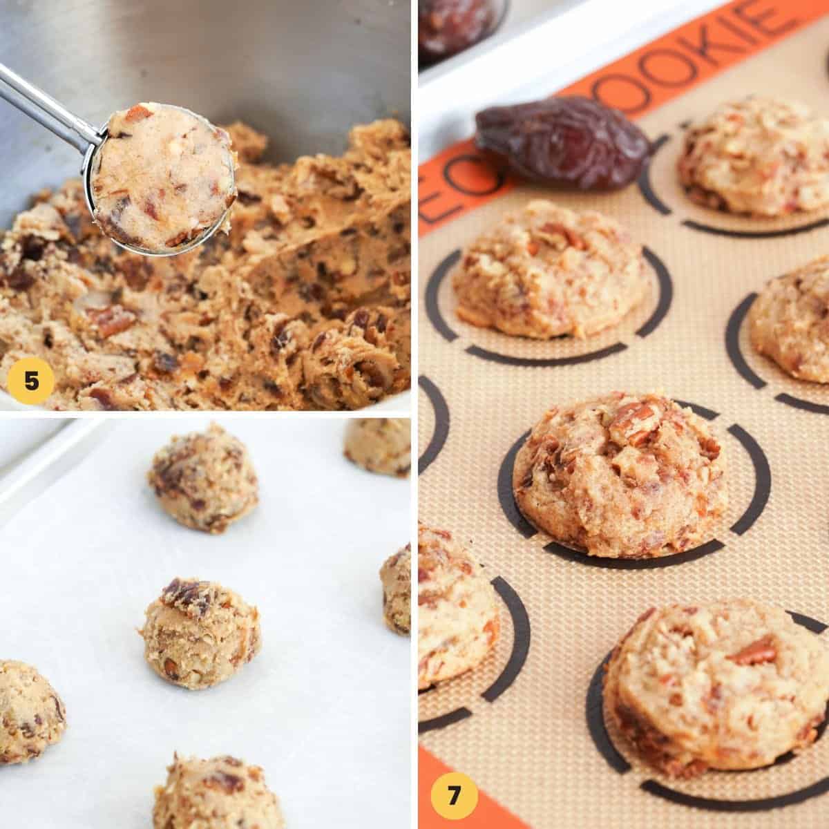 A collage of three images showing how to bake date cookies on a silpat