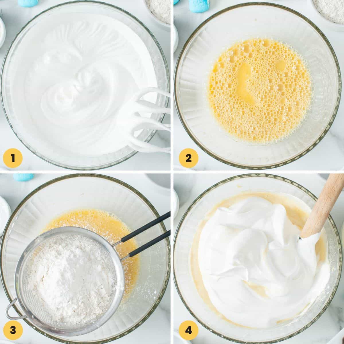 a collage of four images showing how to make cake batter in a glass mixing bowl.