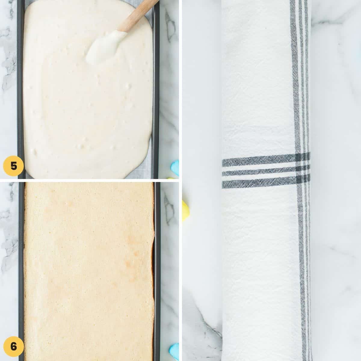 a collage of three images showing how to bake and roll up a cake made in a cookie sheet.