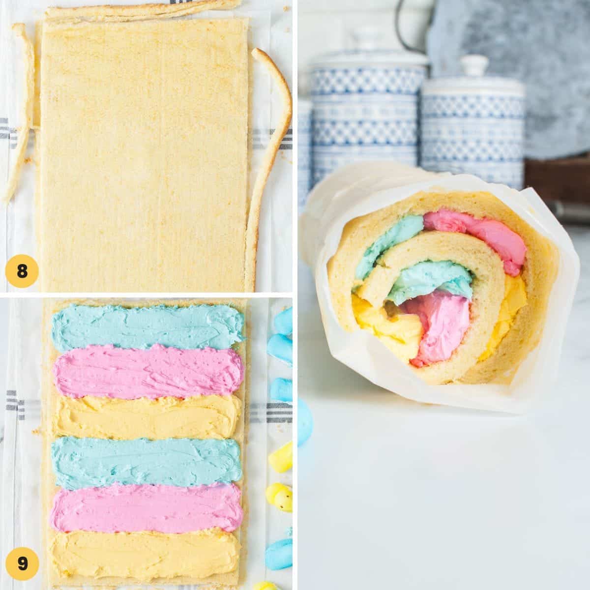 a collage of three images showing how to add colorful frosting to the inside of a cake roll, and how to roll it up.