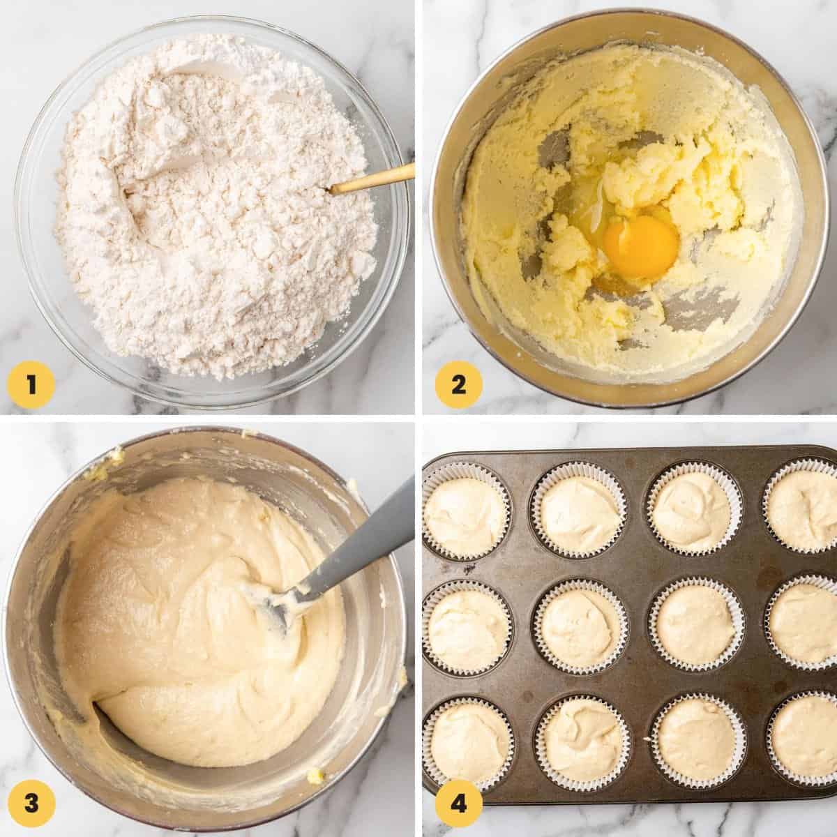 a collage of images showing steps to take to make vanilla cupcakes from scratch.