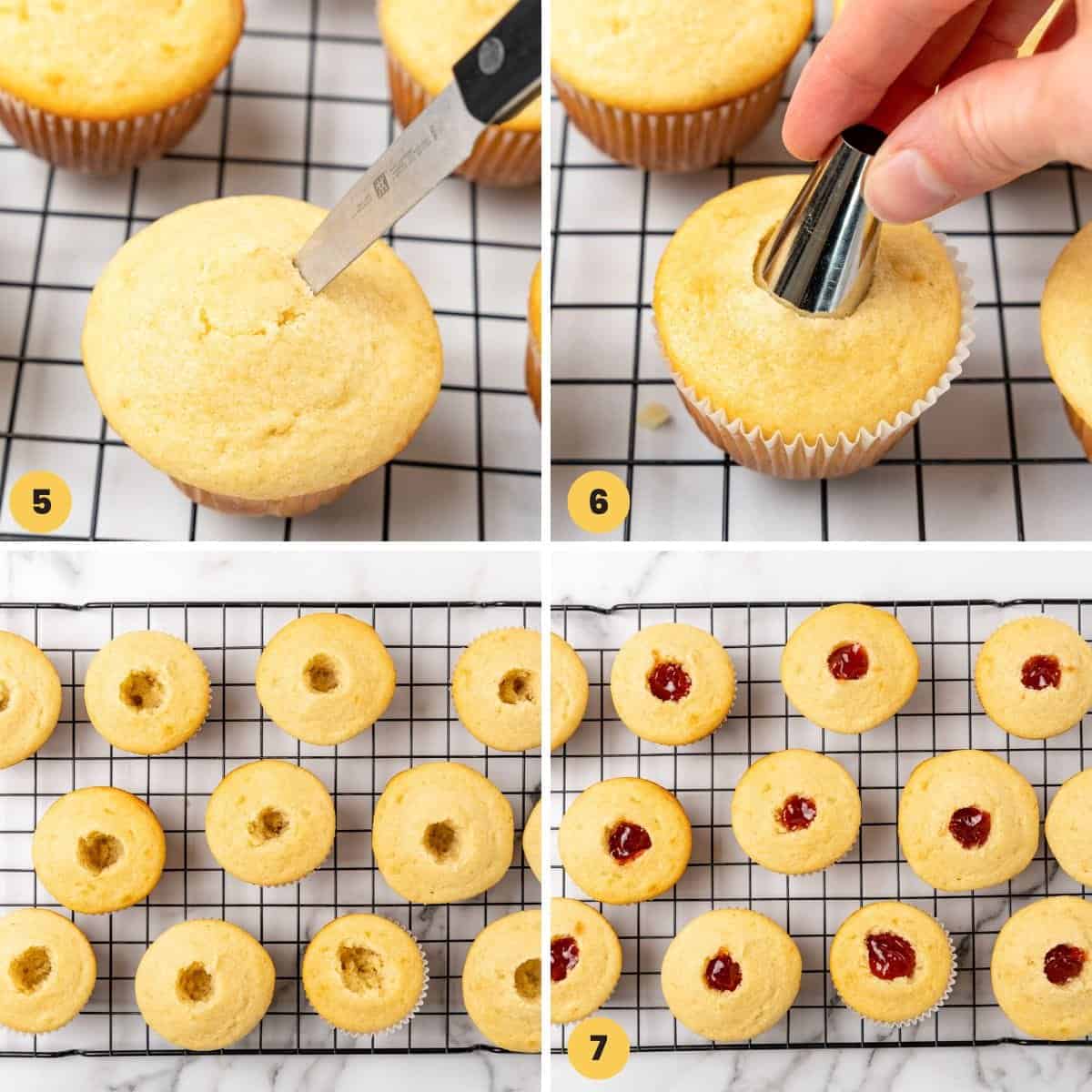 A collage of four numbered images showing how to use a knife and piping tip to make holes in the top of cupcakes, then fill them with jam.
