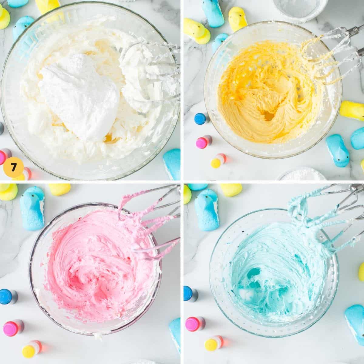 four images collaged together, showing how to make buttercream frosting with marshmallow creme and how to tint it colors for Easter.