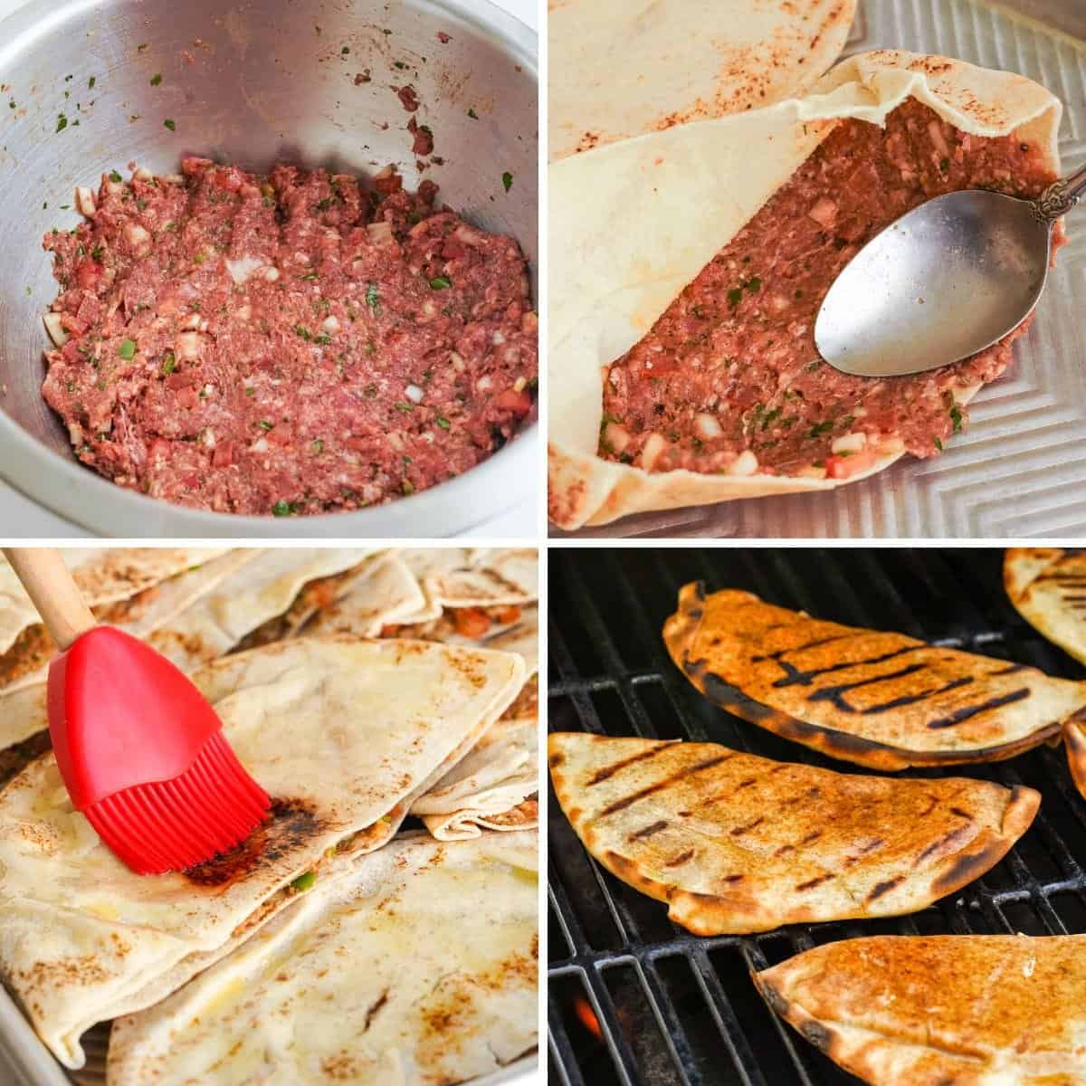 Collage of 4 images showing how to make meat stuffed pitas