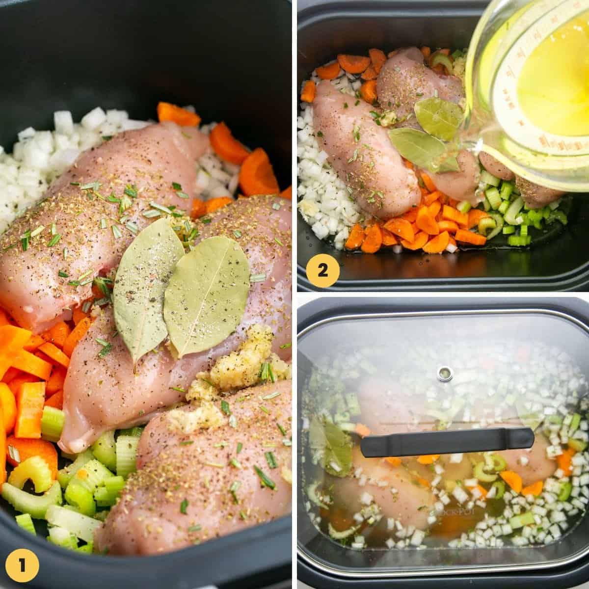 a collage of three images showing how to cook chicken breasts in a crock pot for chicken noodle soup.