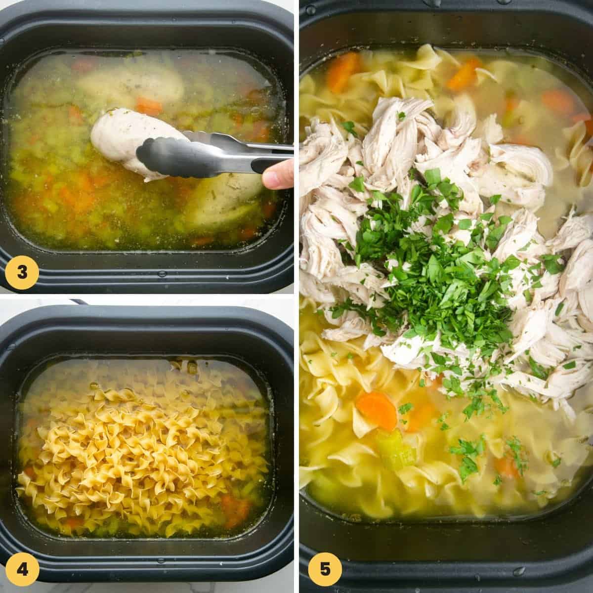 a collage of three images showing how to make chicken noodle soup in a rectangular slow cooker.