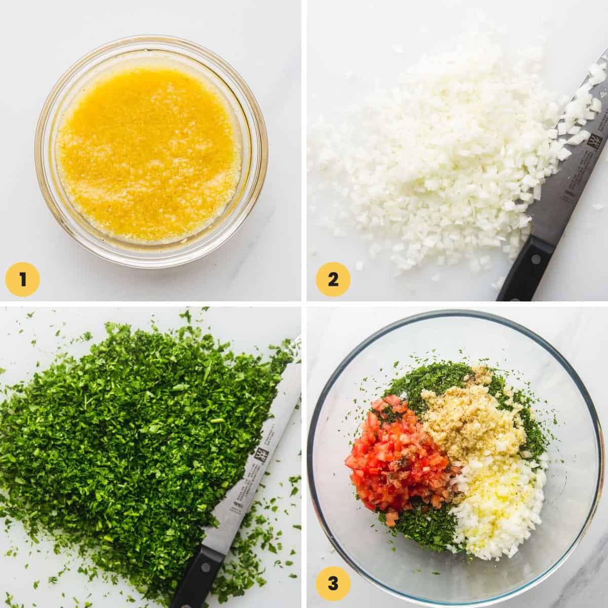 a collage of four numbered images showing how simple it is to make traditional tabbouli salad